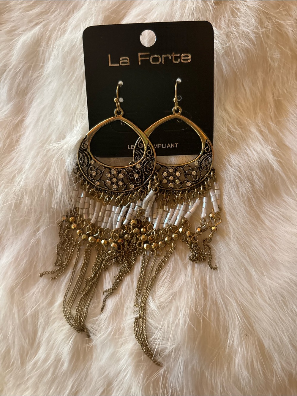 La Forte Gold and White Boho Filigree Fringe Earrings